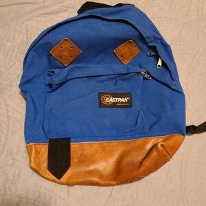 Eastpak Men's Backpack in Blue Canvas and Tan Leather